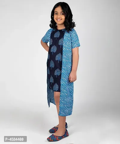 Elegant Blue Cotton Indigo Printed Shrug Dress For Girls-thumb2