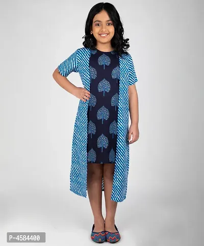 Elegant Blue Cotton Indigo Printed Shrug Dress For Girls-thumb0