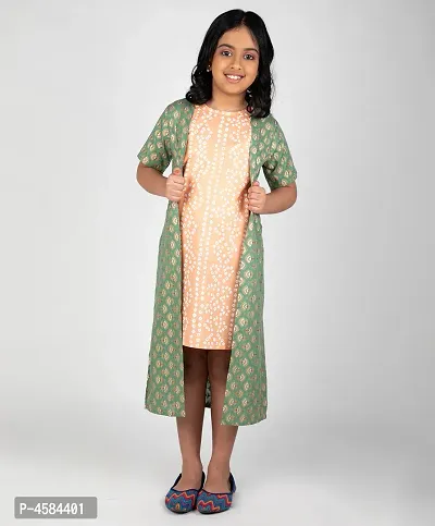Elegant Green Cotton Bandhani Print Shrug Dress For Girls