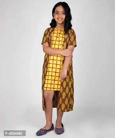 Elegant Yellow Cotton Checked Shrug Dress For Girls
