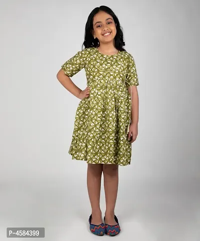 Elegant Green Cotton Printed Gota Patti Frock For Girls-thumb0