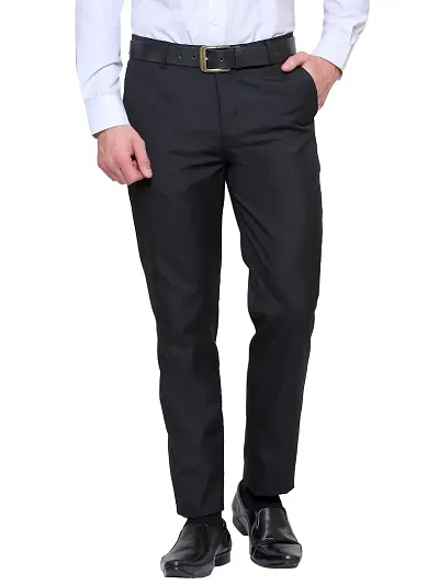 Men's Black Synthetic Solid Mid-Rise Slim Fit Formal Trouser