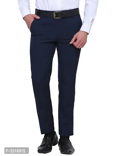 Men's Blue Synthetic Solid Mid-Rise Slim Fit Formal Trouser-thumb0