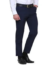 Men's Blue Synthetic Solid Mid-Rise Slim Fit Formal Trouser-thumb1