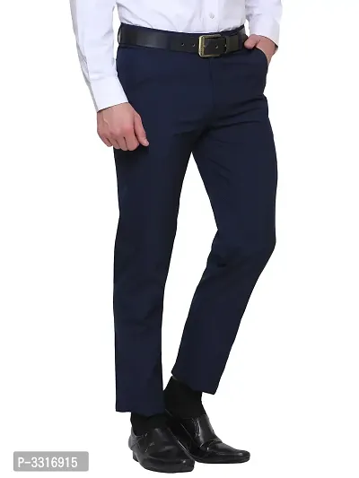 Men's Blue Synthetic Solid Mid-Rise Slim Fit Formal Trouser-thumb2