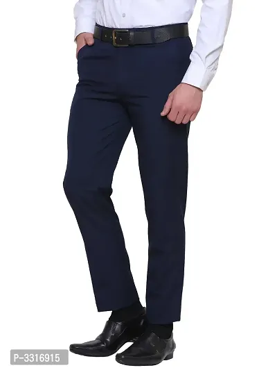 Men's Blue Synthetic Solid Mid-Rise Slim Fit Formal Trouser-thumb3