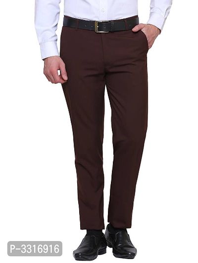 Men's Brown Synthetic Solid Mid-Rise Slim Fit Formal Trouser-thumb0