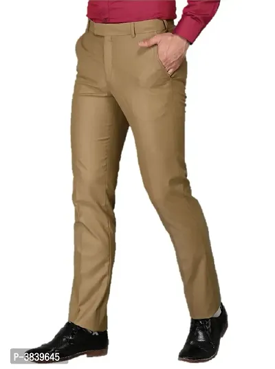 Khaki Synthetic Mid Rise Formal Trousers For Men-thumb2