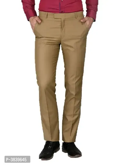 Khaki Synthetic Mid Rise Formal Trousers For Men