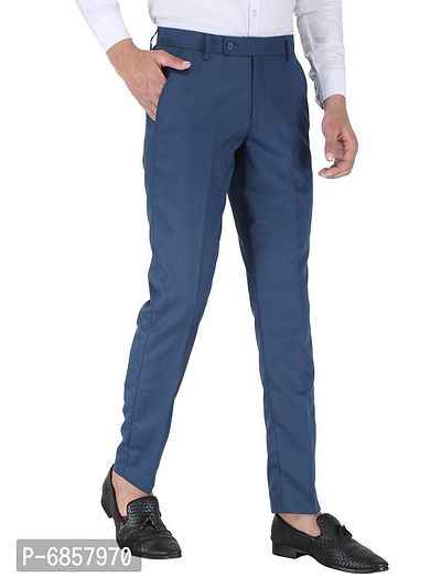 Blue Polyester Mid Rise Formal Trousers for men-thumb5