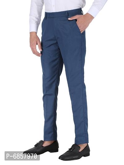 Blue Polyester Mid Rise Formal Trousers for men-thumb4