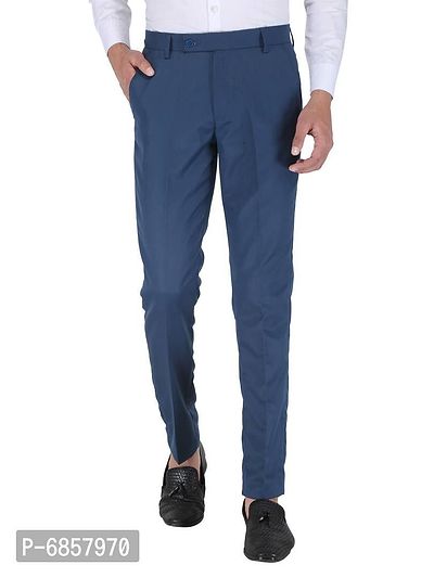 Blue Polyester Mid Rise Formal Trousers for men