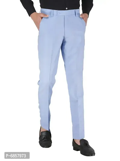 Blue Polyester Mid Rise Formal Trousers For Men-thumb3