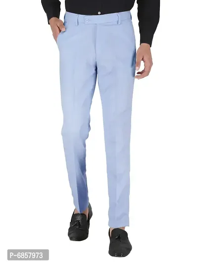 Blue Polyester Mid Rise Formal Trousers For Men