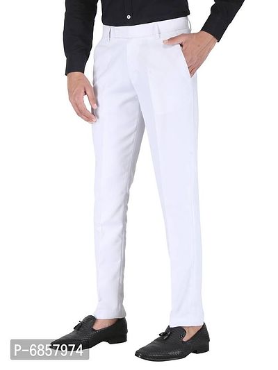 White Polyester Mid Rise Formal Trousers For Men-thumb2