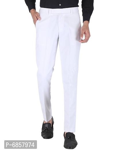 White Polyester Mid Rise Formal Trousers For Men