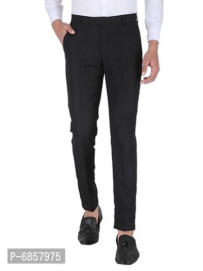 Black Polyester Mid Rise Formal Trousers For Men
