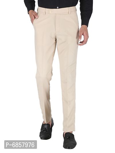 Beige Polyester Mid Rise Formal Trousers for men