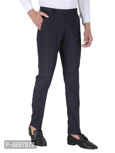 Blue Polyester Mid Rise Formal Trousers For Men-thumb5