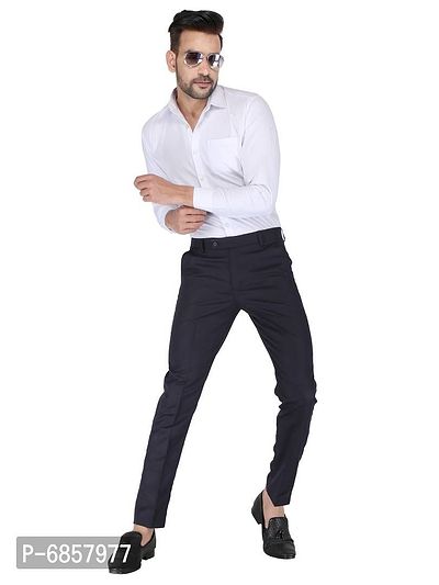 Blue Polyester Mid Rise Formal Trousers For Men-thumb3