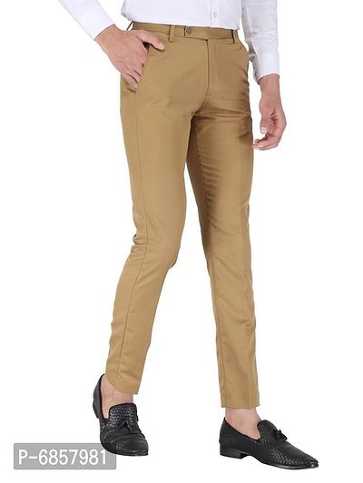 Khaki Polyester Mid Rise Formal Trousers For Men-thumb3