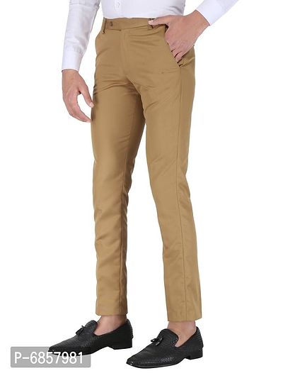 Khaki Polyester Mid Rise Formal Trousers For Men-thumb2
