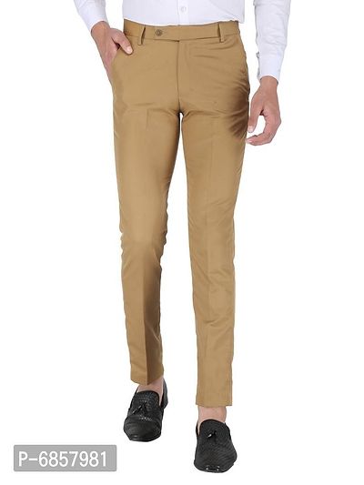 Khaki Polyester Mid Rise Formal Trousers For Men