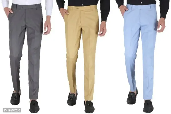 Playerz Pack Of 3 Slim Fit Formal Trousers (Grey, Khaki  Sky Blue)-thumb0