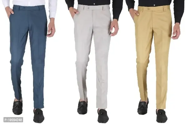 Playerz Pack Of 3 Slim Fit Formal Trousers (Blue, Light Grey  Khaki)