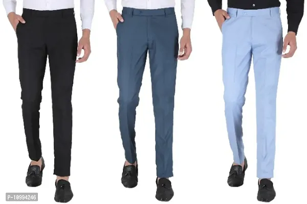 Playerz Pack Of 3 Slim Fit Formal Trousers (Black, Blue  Sky Blue)-thumb0