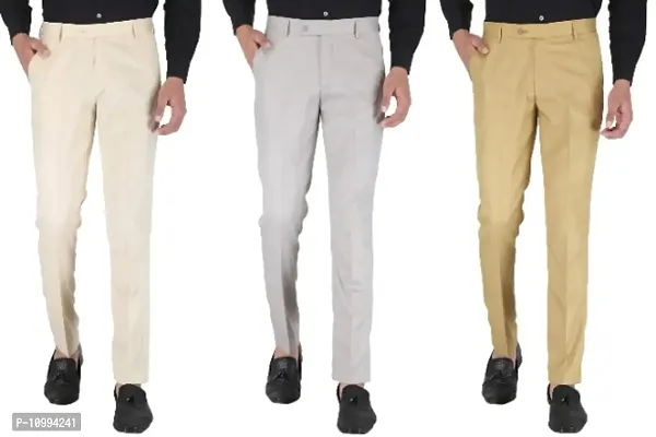 Playerz Pack Of 3 Slim Fit Formal Trousers (Beige, Light Grey  Khaki)