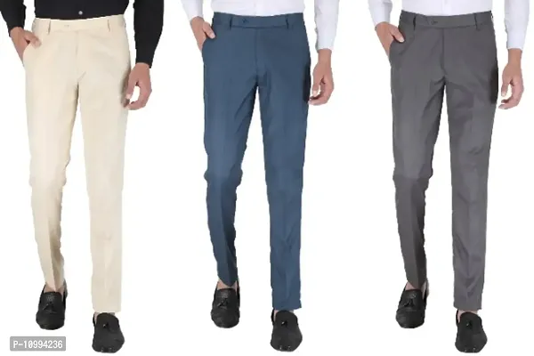 Playerz Pack Of 3 Slim Fit Formal Trousers (Beige, Blue  Grey)