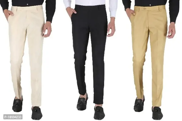Playerz Pack Of 3 Slim Fit Formal Trousers (Beige, Black  Khaki)-thumb0