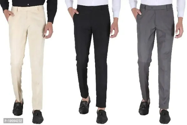 Playerz Pack Of 3 Slim Fit Formal Trousers (Beige, Black  Grey)-thumb0