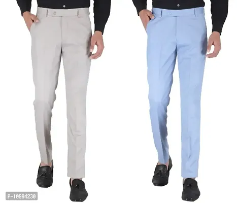 Playerz Pack Of 2 Slim Fit Formal Trousers (Light Grey  Sky Blue)