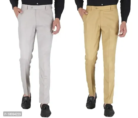 Playerz Pack Of 2 Slim Fit Formal Trousers (Light Grey  Khaki)