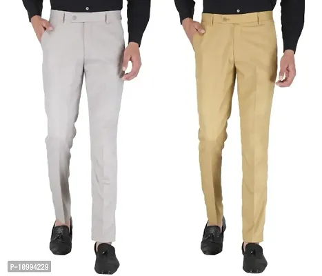 Playerz Pack Of 2 Slim Fit Formal Trousers (Light Grey  Khaki)-thumb0