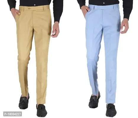 Playerz Pack Of 2 Slim Fit Formal Trousers (Khaki  Sky Blue)-thumb0