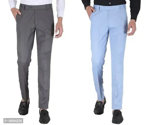 Playerz Pack Of 2 Slim Fit Formal Trousers (Grey  Sky Blue)-thumb0