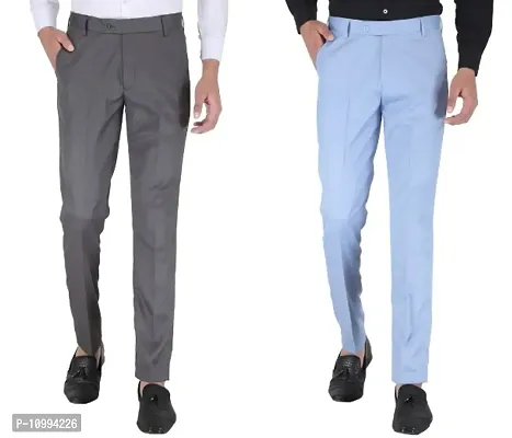 Playerz Pack Of 2 Slim Fit Formal Trousers (Grey  Sky Blue)