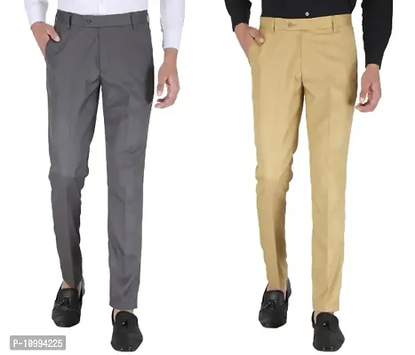 Playerz Pack Of 2 Slim Fit Formal Trousers (Grey  Khaki)