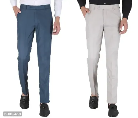 Playerz Pack Of 2 Slim Fit Formal Trousers (Blue  Light Grey)