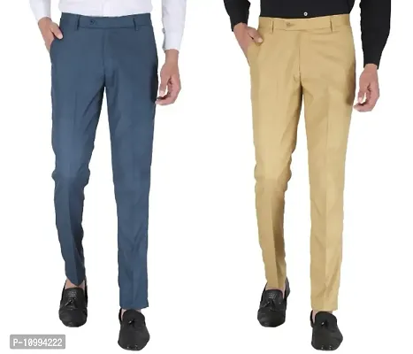 Playerz Pack Of 2 Slim Fit Formal Trousers (Blue  Khaki)