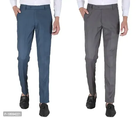 Playerz Pack Of 2 Slim Fit Formal Trousers (Blue  Grey)