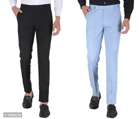 Playerz Pack Of 2 Slim Fit Formal Trousers (Black  Sky Blue)