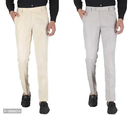 Playerz Pack Of 2 Slim Fit Formal Trousers (Beige  Light Grey)-thumb0