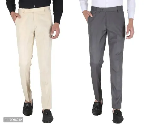 Playerz Pack Of 2 Slim Fit Formal Trousers (Beige  Grey)