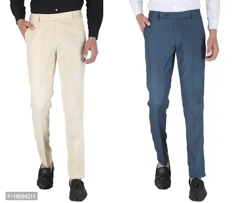 Playerz Pack Of 2 Slim Fit Formal Trousers (Beige  Blue)