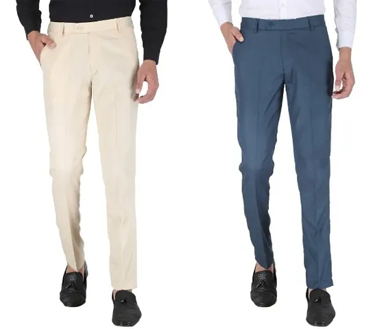 Elegant Lycra Mid-Rise Solid Formal Trouser For Men- Pack Of 2