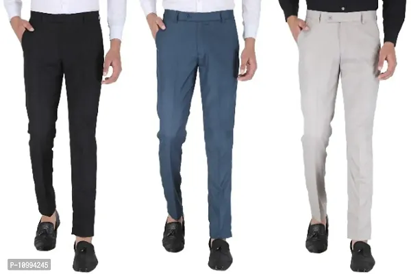 Playerz Pack Of 3 Slim Fit Formal Trousers (Black, Blue  Light Grey)-thumb0